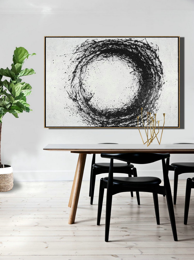 Artwork For Sale,Oversized Horizontal Minimalist Drip Painting On Canvas, Black And White - Textured Painting Canvas Art